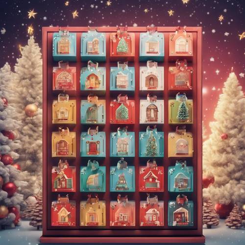 An advent calendar with colorful Christmas themed illustrations and tiny doors. Tapet [c3bacc8e18b74175b2cc]