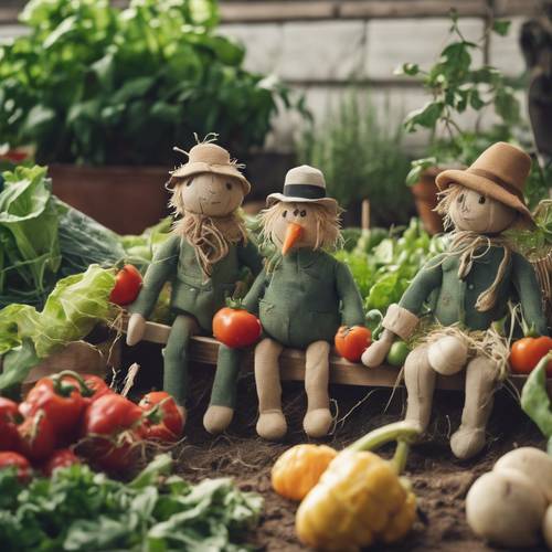 Plüsch-Gemüsegarten im Vintage-Stil mit Frühlingserzeugnissen, komplett mit Vogelscheuchen.