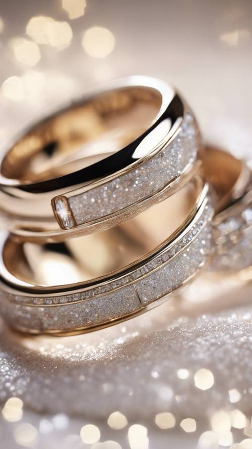 Two wedding bands resting on white glitter, creating a dreamy nuptial atmosphere