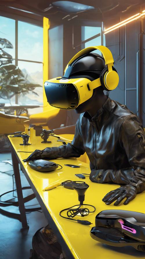 Fütüristik bir oyun odası arka planına yerleştirilmiş, çok parlak sarı bir masanın üzerinde duran siyah bir VR kulaklık.
