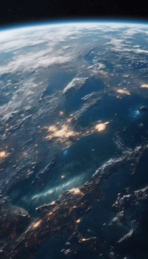 从太空看地球，蓝色的海洋在漆黑无边的太空中清晰可见。
