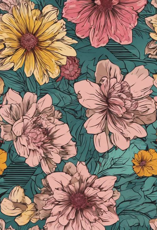 Retro Y2K-inspired graphics with bold lines and loud colors interwoven with detailed depictions of flowers. Tapet [5207b746af97490dbdc2]