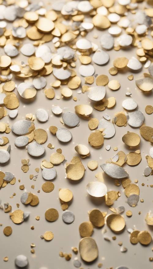Shimmering gold and silver specks scattered against cream background.