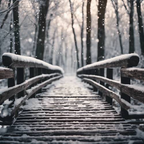 Schneeflocken fallen sanft auf eine alte Holzbrücke im Wald.