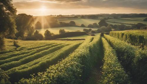 英国の田舎で太陽が輝く壁紙　草原と生垣を照らす幻想的な光景