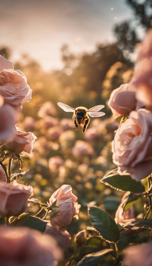 A ground view of a buzzing bee making its way towards a rose garden during golden hour.