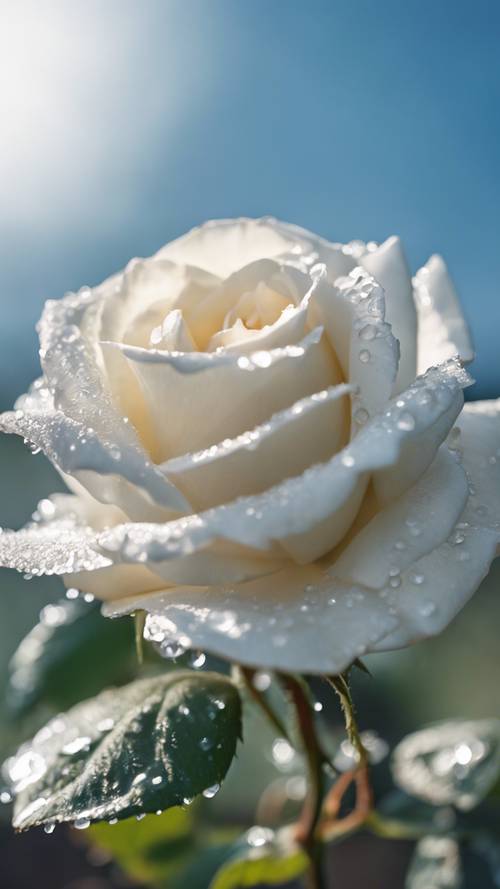 一朵沾滿露珠的白玫瑰映襯著清晨的藍天。