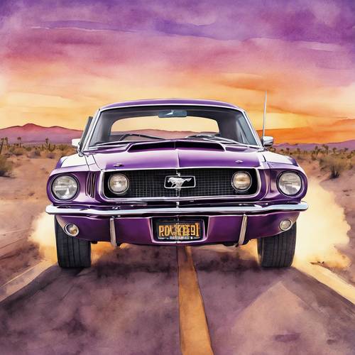 Bức tranh màu nước vẽ chiếc Ford Mustang màu tím cổ điển đang phóng nhanh trên đường cao tốc sa mạc lúc hoàng hôn