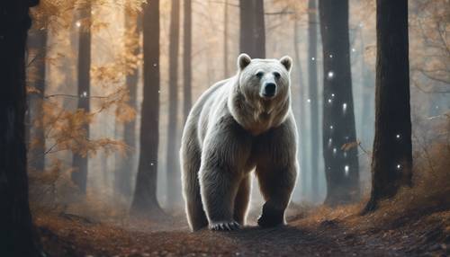 A magical sight of a translucent ghost bear roaming through a spooky forest.