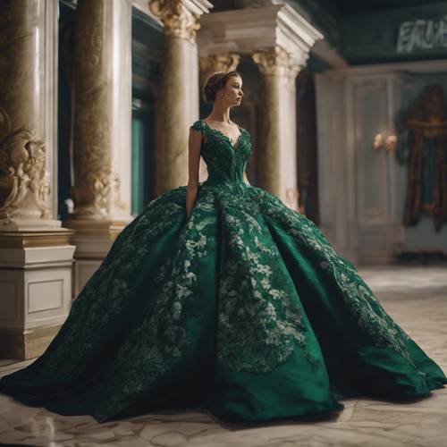 Seorang model menampilkan gaun pesta damask hijau tua yang rumit di acara mode bergengsi.