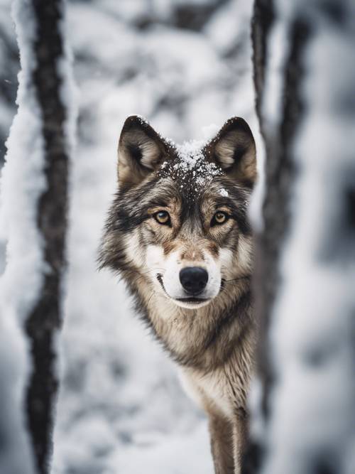 Mata serigala yang penasaran mengintip dari balik pohon, memantulkan kilauan salju segar.