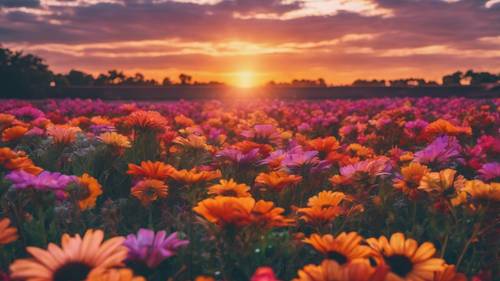 Eine Sonnenuntergangsszene mit leuchtenden Blumen, die in einem Streifenmuster am Himmel angeordnet sind.