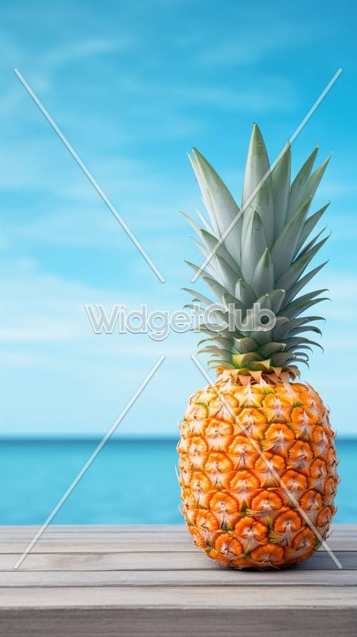 蓝色海滩上的亮菠萝