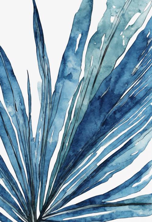 Graphic illustration of a blue watercolor palm leaf.
