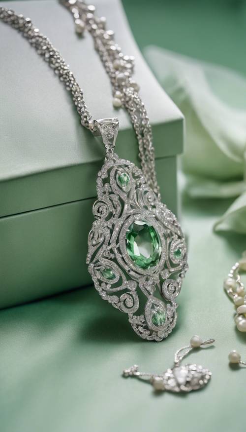 一条精致的银项链镶嵌在柔软的绿色天鹅绒盒子上。