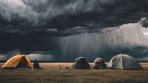 A severe thunderstorm brewing across a plain landscape. Battle-hardened campers huddling together in a sturdy camping tent, bracing for the storm. Tapet [35e71ff196b24ef49d98]