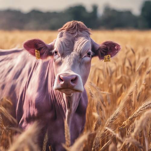 &#39;Uma aquarela nebulosa e onírica de uma majestosa vaca lilás parada em meio a um campo de trigo dourado.&#39;
