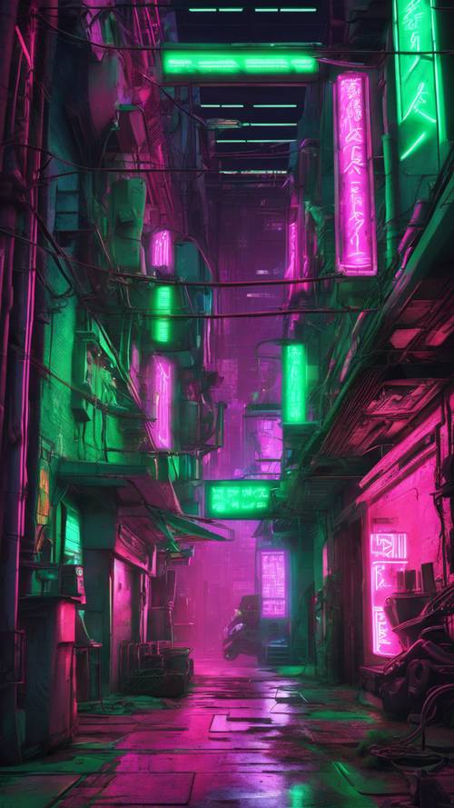 Une ruelle cyberpunk ombragée baignée de néons verts intenses.