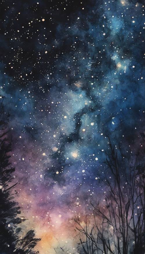 An impressionistic watercolor painting of a dark night sky filled with twinkling stars.