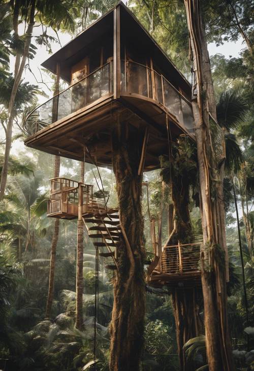 Small, modern treehouses suspended from the trees, harmoniously tucked into the jungle