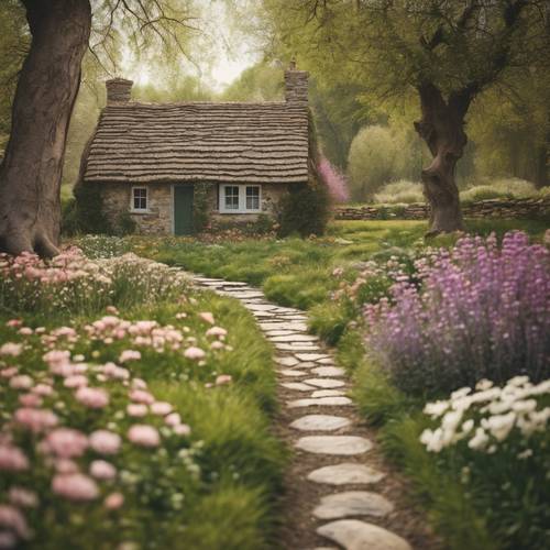 Rustikales Landhaus mit einem Steinpfad, der zu einem Frühlingsgarten führt.