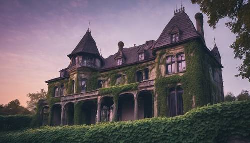 Uma mansão gótica abandonada, com hera roxa subindo pelas paredes de pedra ao amanhecer.
