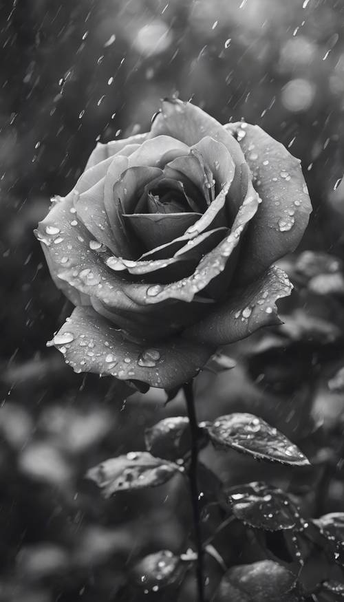 Czarno-białe zdjęcie ciemnej róży w pełnym rozkwicie w deszczowy dzień.