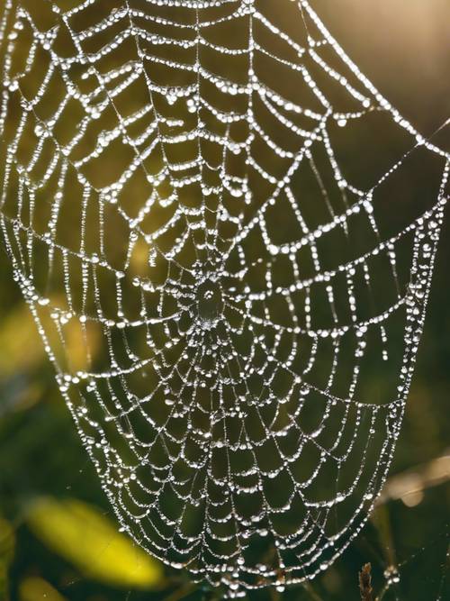 Ein frischer Septembermorgen mit Tau, der auf einem Spinnennetz glitzert