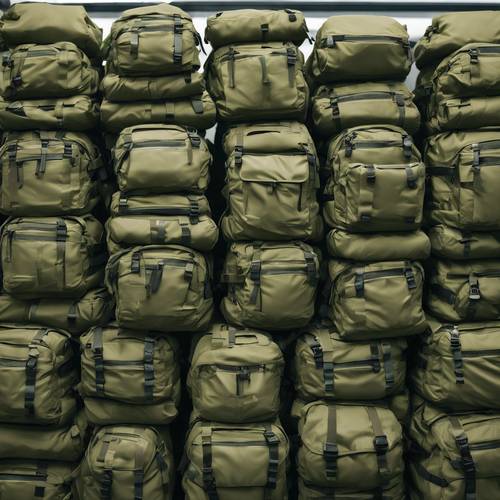 Group of green camo backpacks stacked atop each other in a supply room.