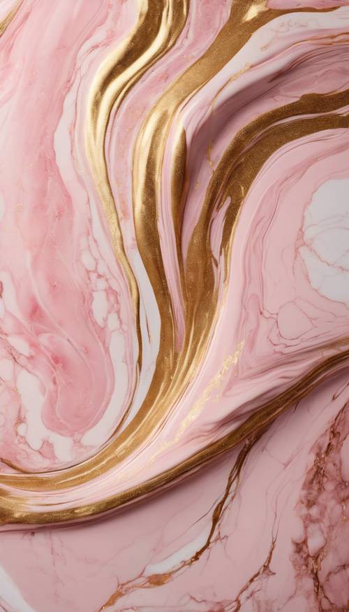 Deep swirls of gold veining into a pool of soft pink in a marble texture.