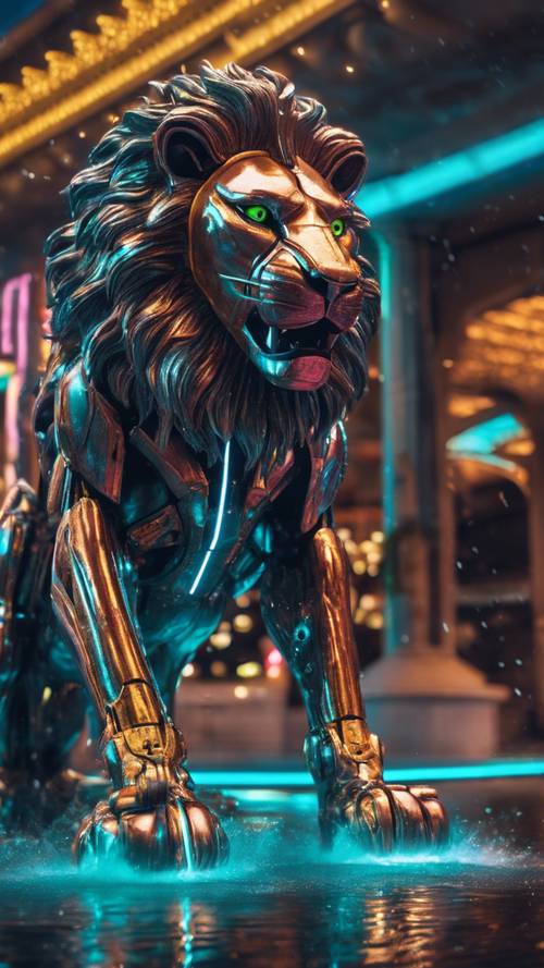 Un leone robotico in stile Y2K che ruggisce sotto una fontana futuristica che sgorga neon elettrizzati.
