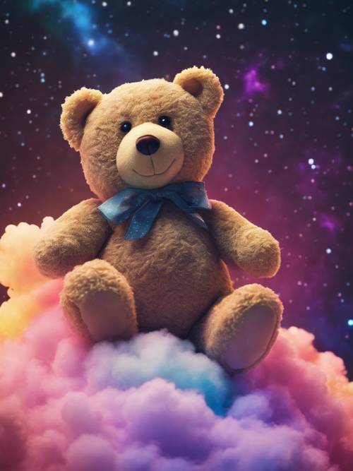 Um ursinho de pelúcia sentado em uma nuvem da cor do arco-íris em um céu noturno vívido e sonhador.