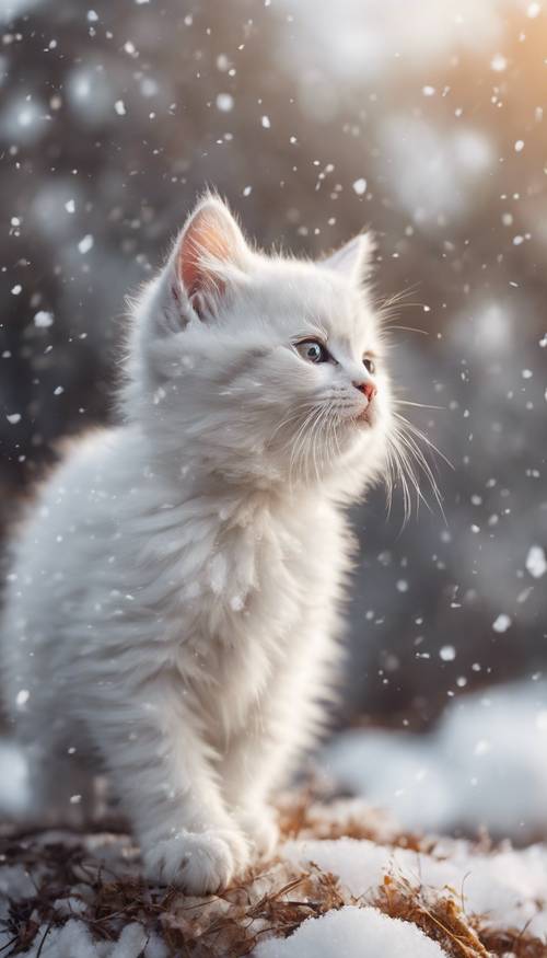 Пухлый котенок с пушистой белой шерсткой играет в первом зимнем снегу.