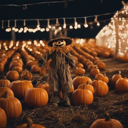 A whimsical and slightly spooky scarecrow standing guard in a glowing pumpkin patch at midnight.