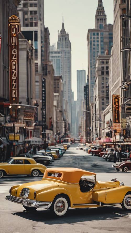Una classica vista sullo skyline della Chicago dell&#39;età del jazz, completa di auto d&#39;epoca e moda flapper.