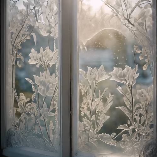 Okno z matowego szkła z cieniem współczesnych wzorów kwiatowych wskazujących na tajemniczy ogród za nimi.