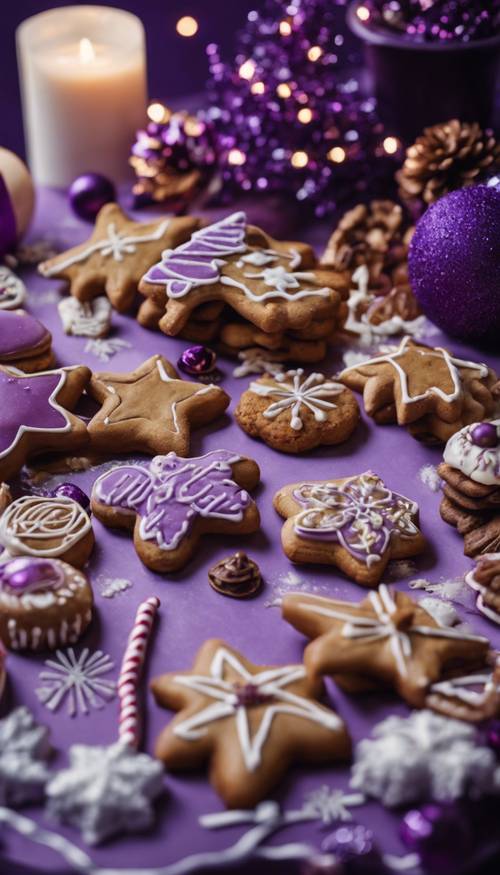 Une table décorative chargée de biscuits et de friandises de Noël traditionnels, décorées de teintes violettes.