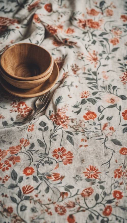 Um padrão floral tradicional escandinavo numa toalha de mesa de linho numa cozinha acolhedora.