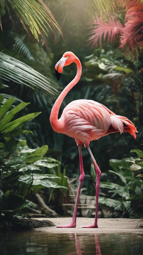 A pink flamingo performing an elegant mating dance amongst tropical foliage.