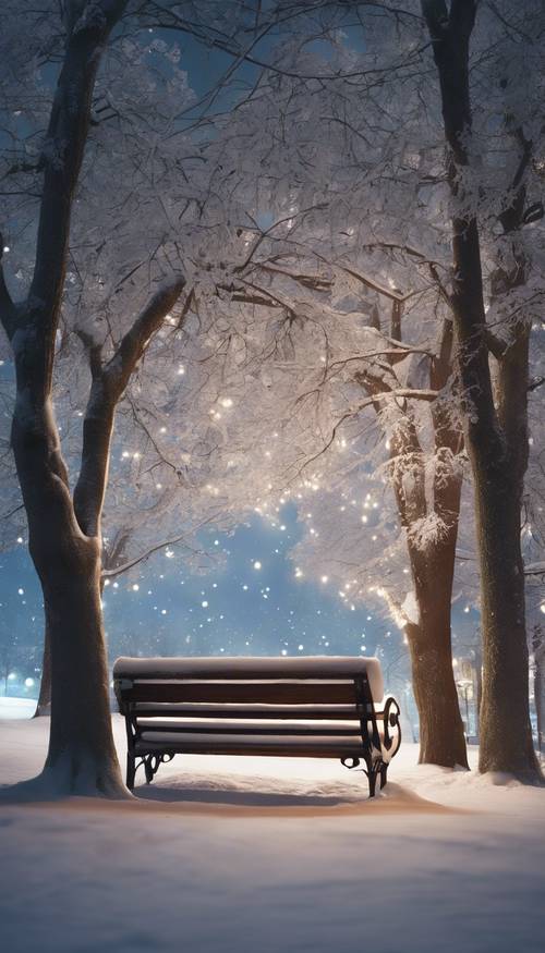 A lone snow-covered bench in a peaceful park, glistening under the ambient moonlight.