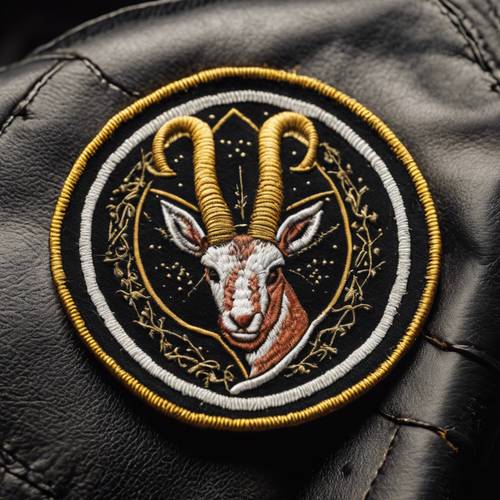 A Capricorn patch sewn onto a leather jacket.