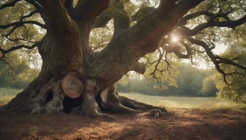 A hollowed old oak tree in a quiet forest, serving as a charming home for woodland creatures. Tapeta [6b786426785447f1a7c8]