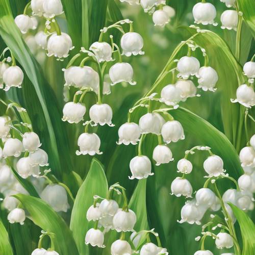A botanical illustration-turned-impressionist painting of Lily of the Valley flowers dancing in the breeze.