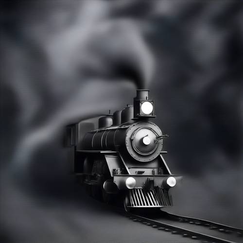 A grayscale artistic rendition of a vintage steam locomotive steaming through a dense forest.
