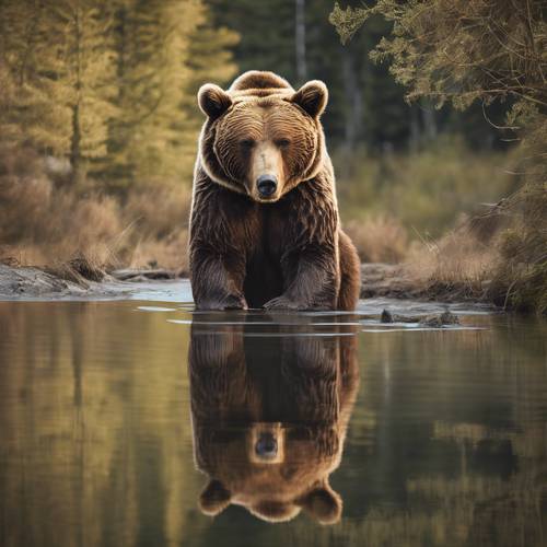 Ein Braunbär, der sich wunderschön im ruhigen Wasser eines friedlichen Sees spiegelt.