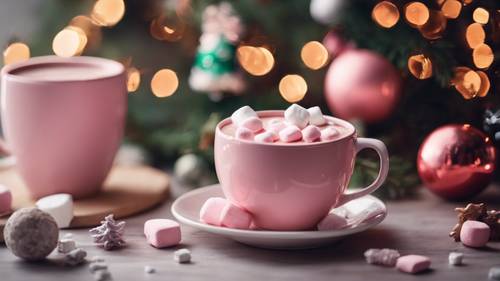 Un festivo chocolate caliente rosa con malvaviscos en una mesa junto al árbol de Navidad.