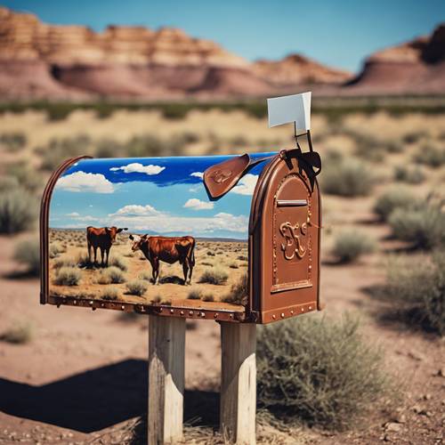 Uma charmosa fruta velha com tema coyboy. Você tem uma caixa de correio decorada com cenas pintadas de deserto e gado.