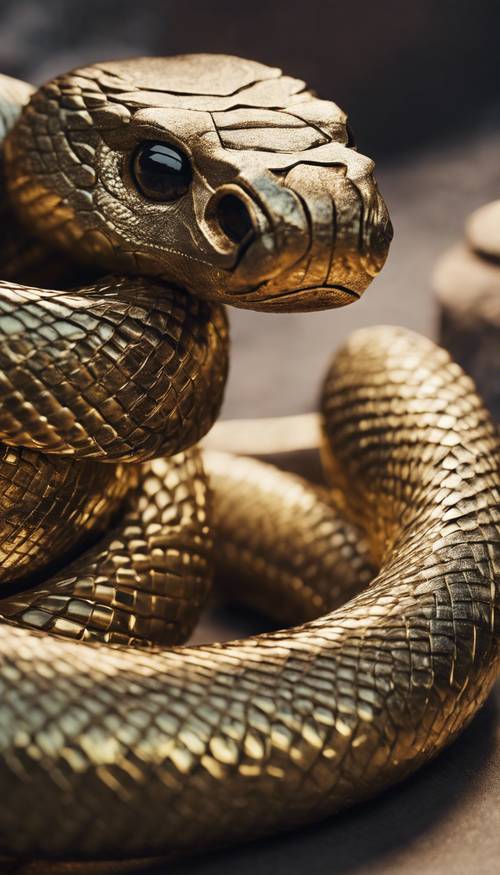 A golden, ancient Egyptian styled snake wrapped around an onyx staff.