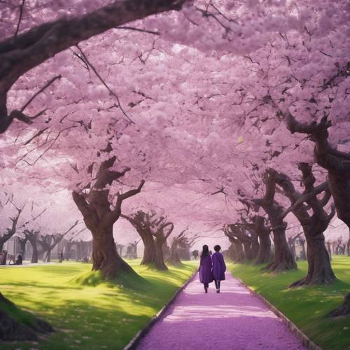 Cerezos en flor en primavera con pétalos morados, personajes de estilo anime caminando debajo de ellos.