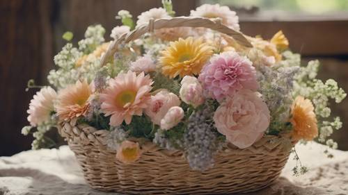 Un large bouquet de fleurs vintage aux couleurs pastel nichées dans un panier en paille, situé dans un ancien environnement de ferme.